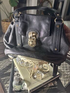 Michael Kors Black Leather Satchel with Gold-Tone Lock